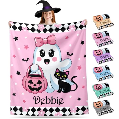 Personalized Halloween Blanket with Name, Cute Pink Ghost Blanket...