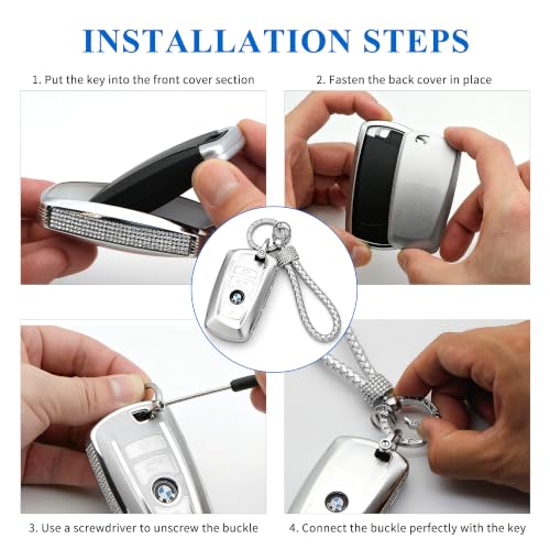 Image of Creativity For BMW X5 Key cover and Key chain accessories (Grey set) | TPU key box with Rhinestones is compatible with X1 X3 X4 X5 X6 1 2 4 5 6 7 M3 M5 M6 GT3 GT5 G30 F10 F15 F16 F20 key