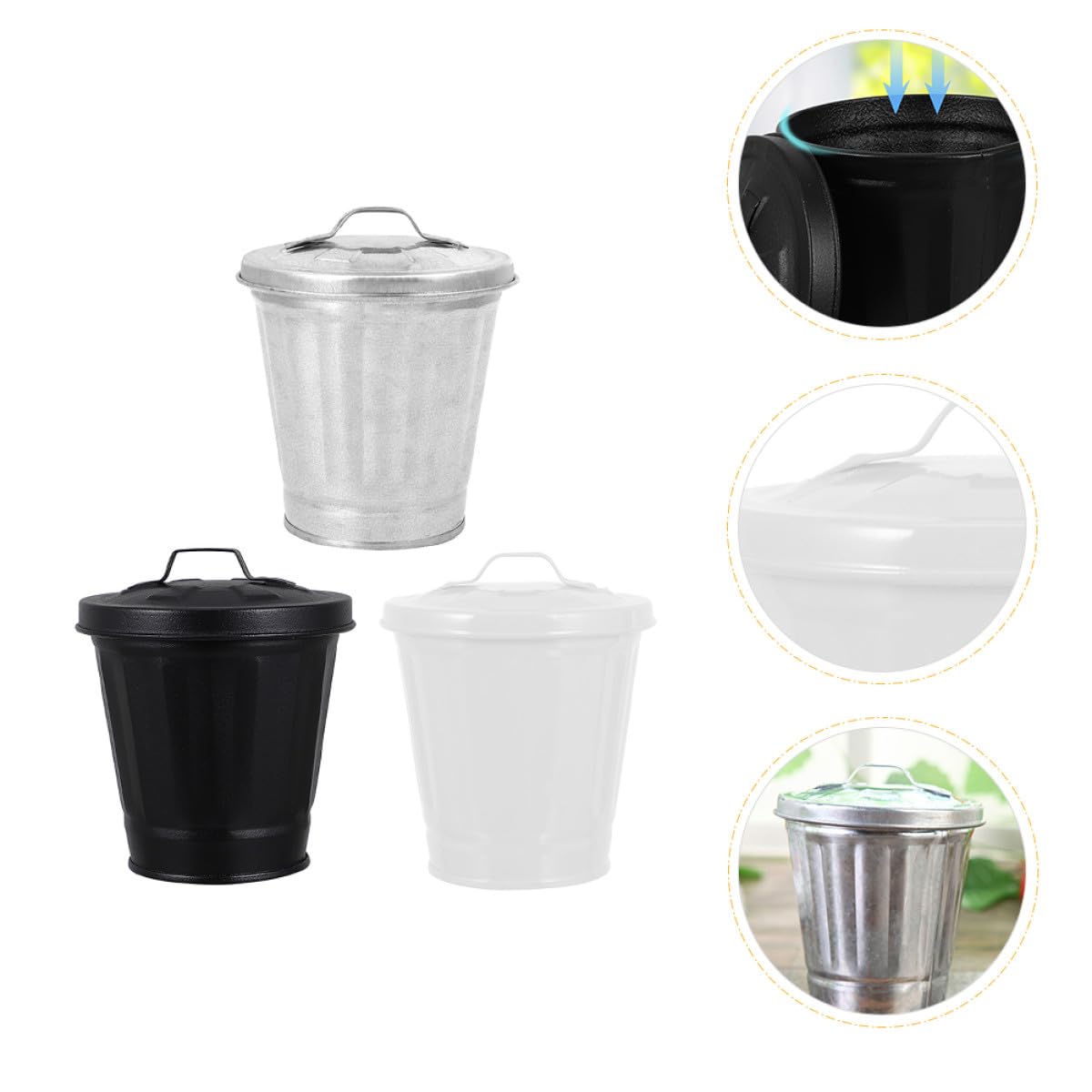 Mini Trash Can Flowerpot with Lid, Desktop Wastebasket Storage Jar Set of 3 (Black, White, Natural), Compact Garbage Bin for Office and Home Organization