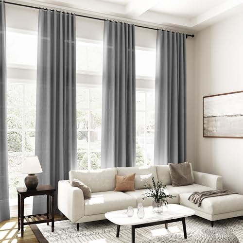 Image of Nanspring Extra Long Linen Curtains 100 Inch for Living Room Charcoal