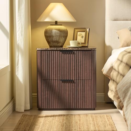 Image of 3 Sided Fluted Nightstand with Faux Marble Top, Mid Century Modern