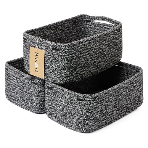MiniArk Small Storage Baskets for Organizing | Closet Organizer Bins | Shelf Toy Basket | Woven Rope Baskets | Cube Decorative Box | Shallow Basket | 13x8.5x5.1” | 3 Packs Dark Gray