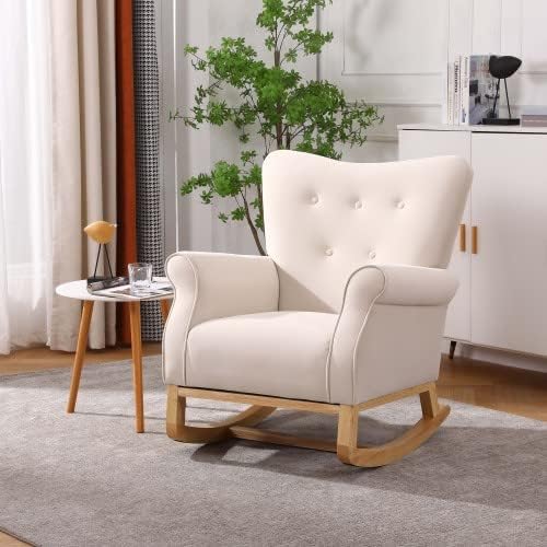 TRIPLE TREE Mecedora tapizada, silla decorativa para sala de estar con respaldo de ala y patas de madera de goma, basculante pequeño de terciopelo,