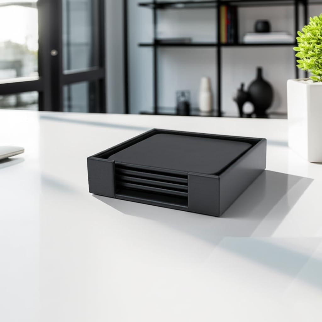 Dacasso 4 Coaster Set, Square - Classic Black Leather Luxury Executive Decor and Desk Surface Protector
