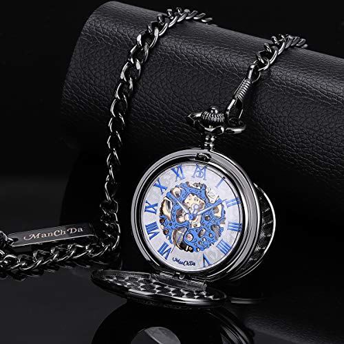 Image of ManChDa Mechanical Roman Numerals Dial Skeleton Pocket Watches with Box and Chains for Mens Women