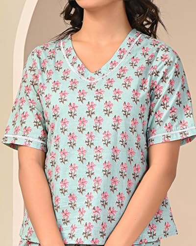 Image of KANNAHI Pure Cotton Paisley Jaipuri Printed Women Night Suit Top & Pyjama Set for Girls & Womens