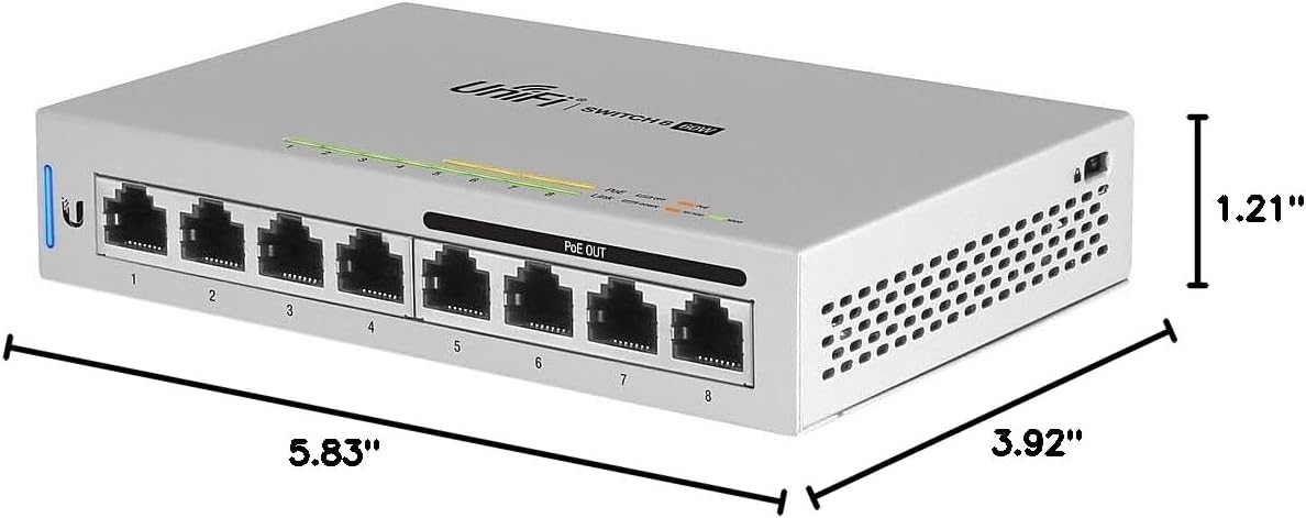 Dimensions of Ubiquiti UniFi Switch 8 60W: 5.83 inches length, 1.21 inches width, 3.92 inches height.