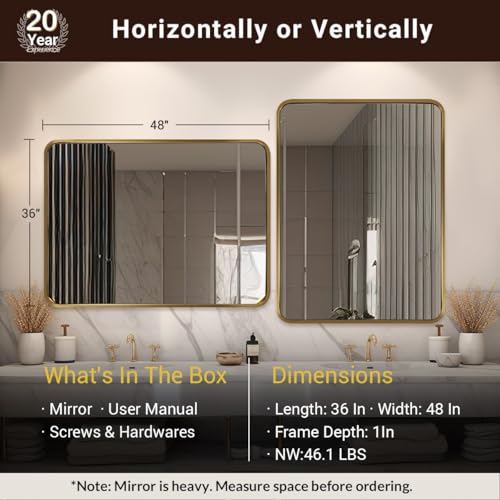 Image of ANDY STAR 48x36 Inch Gold Bathroom Mirror, Brushed Gold Mirrors for Wall in Anti-Rust SUS304 Tube Metal Frame, Rounded Rectangle Mirrors 1'' Deep Wall Mounted Vertically /Horizontal for Bathroom