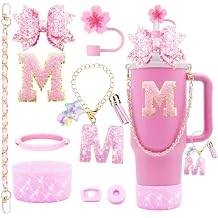 9PCS Bling Stanley Cup Accessories for 30oz & 40oz Tumbler with handle,Including Initials Charms,Leather Handle Strap,Straw Bow Decorate,Straw Topper Cover,Boot,Spill Proof Stoppers,StickerPink M