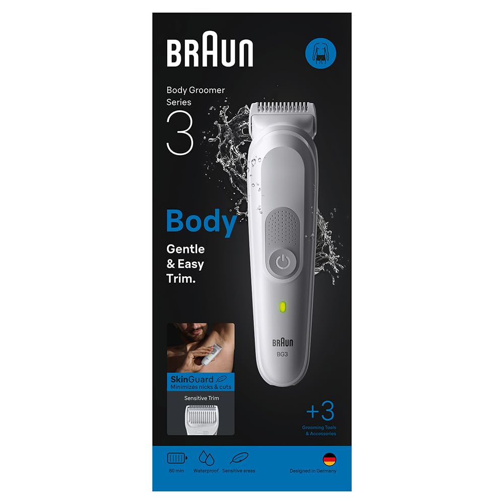 Braun Recortadora de cuerpo Series 3, 3 utensilios de cuidado, tecnología SkinGuard, tiempo de funcionamiento de 80 minutos, suave para zonas sensibles, cuidado y recorte, impermeable, BG3530, gris