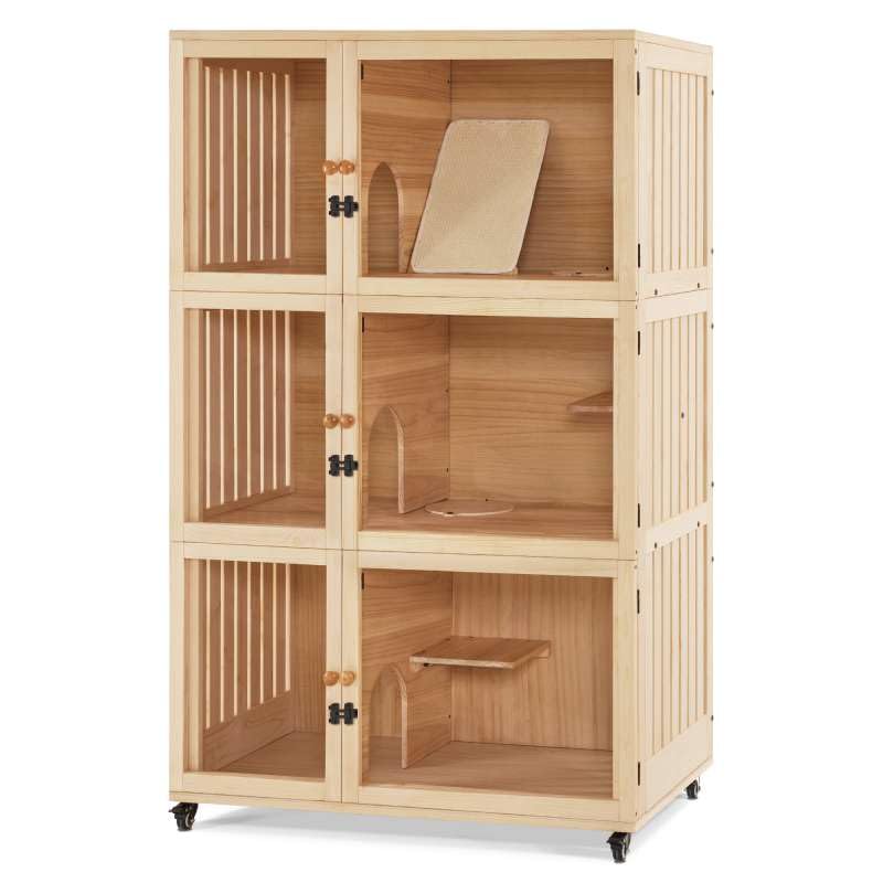 Lovupet Large Wooden Cat House Villa, Luxury Triple Cat Condo with Scratching Pad, Openable Cover and Wheels, Kitten Cage Indoor CT32