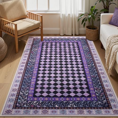 Wonnitar Washable 3x5 Checkered Rug, Non Slip Purple Trellis Bedroom Area Rug, Low Pile Soft Funky Checked Throw Carpet for Living Room Girls Kids Room Nursery, Dorm Home Decor(Purple,3x5)