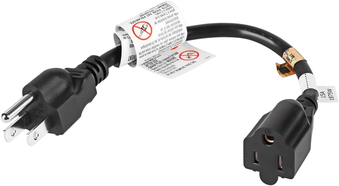 VSEER 1 Feet 1875W 15A Heavy Duty Extension Cord Outlet Saver 3-Prong 14 AWG Short Power Extension Cord Black,UL Listed