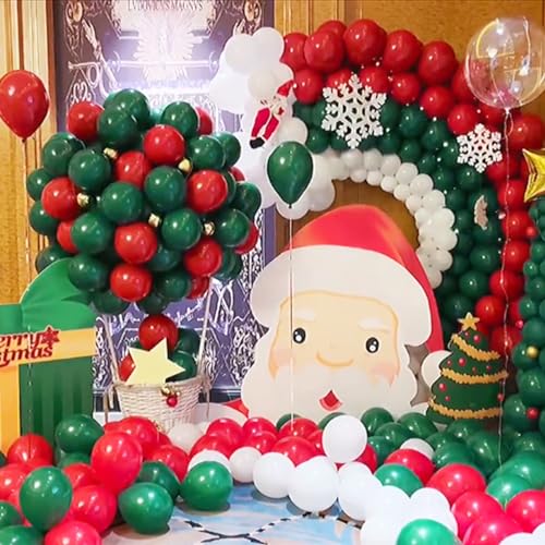 Image of 100 Pcs Christmas Red Green Balloons 12 Inch Red Green and White Latex Balloons with 65ft Ribbon for Christmas Birthday Baby Shower Party Decorations