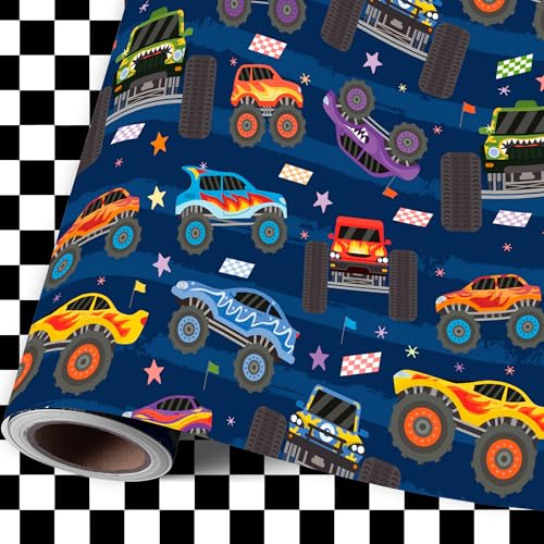 ZDSPIDE Monster Truck Wrapping Paper Roll Reversible Truck & Black White Plaid Gift Wrap for Boys Birthday Party 17 Inch x 16.4 Feet