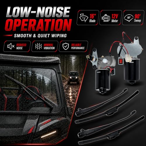 Image of 12V UTV Windshield Wiper Kit with 16 Inch Blade, 90 Sweep Motor Assembly | Compatible with Polariss RZR Ranger Can-Am Kubota Kawasaki Kymco Electric Windshield Wiper Kit for Clear Off-Road Visibility