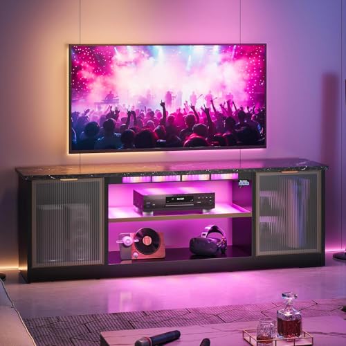 Bestier Gaming TV Stand with Music Sync Light, Flow Vibe Entertainment Center with Storage for PS5 Xbox, RGB LED Party Modes Television Stands for 50/55/60/65 inch TV (Black Marble, 57 inch)