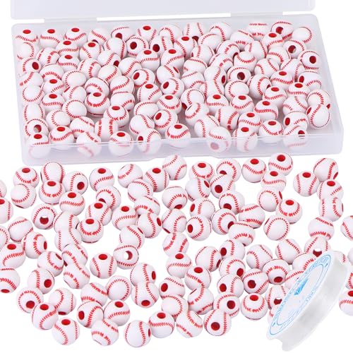 100pcs Baseball Beads with 5.5 Yard Elastic Rope Acrylic Softball Beads Sports Bead DIY Spacer for Necklace Bracelet Keychains Handmade Jewelry Making Accessories Craft Supplies 12mm(White)