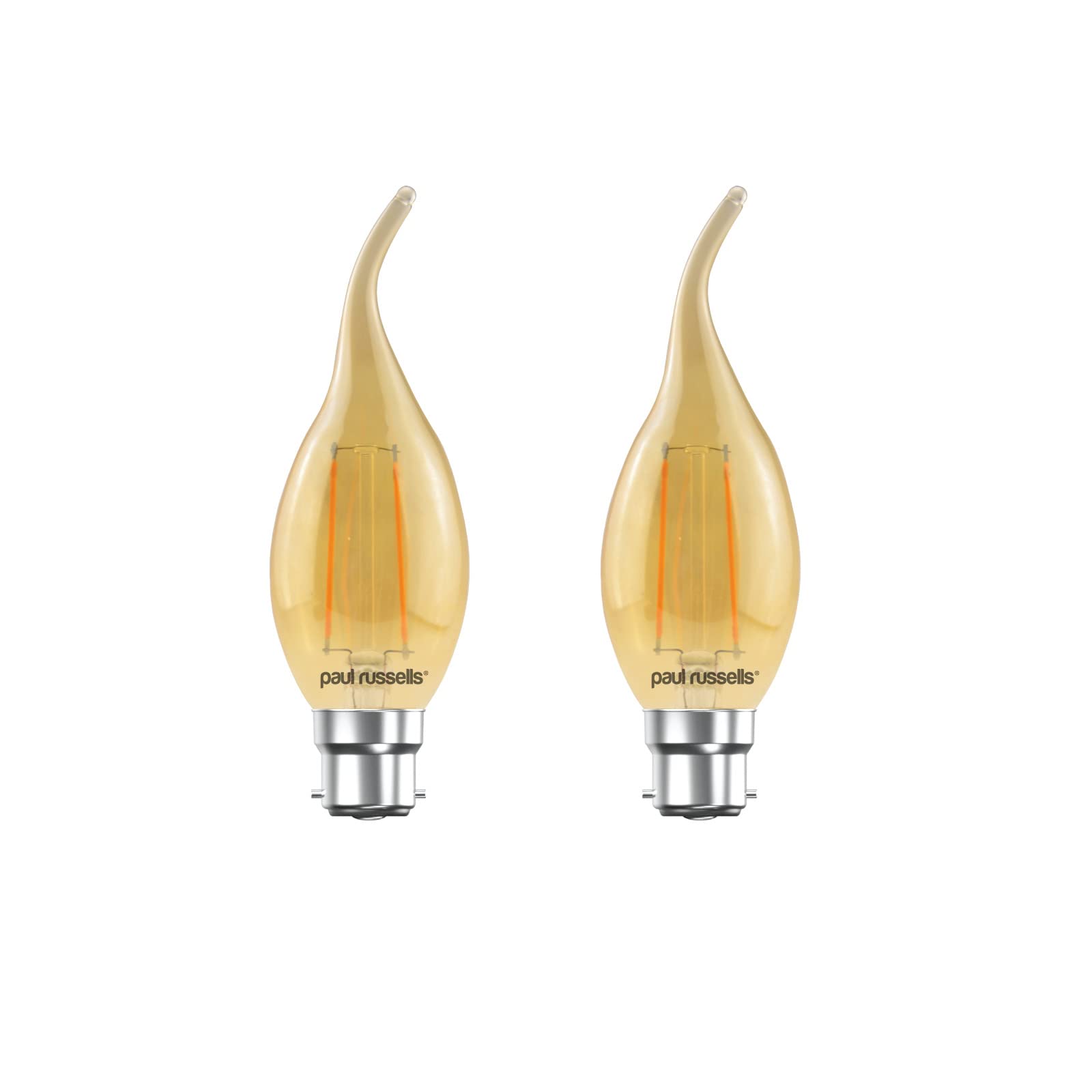 paul russells LED Filament Flame Candle Light Bayonet Cap B22D, 20w Equivalent C35T 2.5W 200LM Lumens Lamps, 2200K Amber Bulbs, Energy Saving Chandelier Bent-Tip Lightbulbs, Pack of 2 [Energy Class A+]