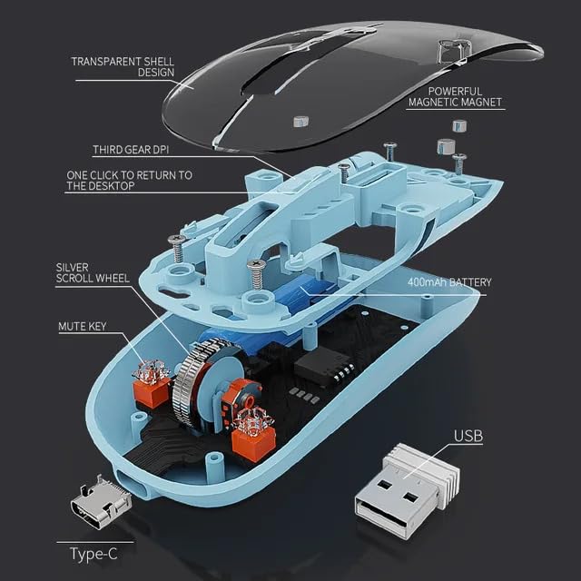 Image of M233 Transparent Mouse Bluetooth 5.2 & 2.4G, Rechargeable Type C, RGB Wireless Mouce Wireless Optical Gaming Mouse, 400Mah Big Battery, Wireless Rechargeable Mouse (Purple)
