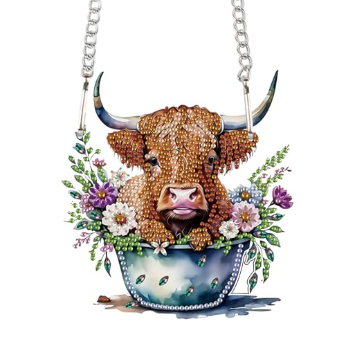Image of AiYuanzsh Highland Calf Diamond Art Hanging Pendant Kit, DIY Acrylic Diamond Painting Ornament with 5D Special Shaped Crystal Rhinestones, Decorative Wall or Garden Craft Gift for Adults