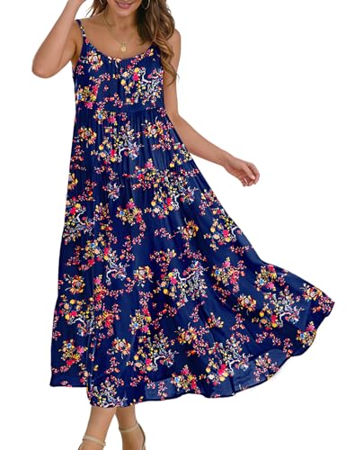 Image of YESNO Summer Bohemian Floral Dresses for Women Spaghetti Straps Maxi Dress Casual Flowy Dresses with Pockets ES0