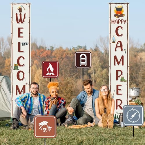 Image of 14Pcs Camping Party Decorations Set Welcome Happy Camper Porch Banner Sign Summer Camp Sign Cutouts Birthday Party Favors Camping Theme Birthday Decorations Hanging Supplies for Campfire Decor