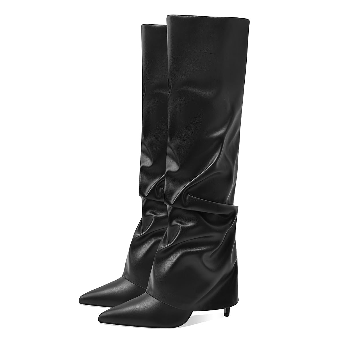 MOTIMODEN Women's Knee High Boots Fold Over High Heel Pointed Toe Black White Long Boots Women Dress Tall Boots for Women