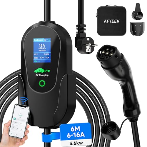 AFYEEV Kabel do ładowania typu 2 Schuko 3,68 kW [6 m 6-16 A 1-fazowy], aplikacja włączona do ładowania typu 2, kabel do ładowania Schuko, kabel do ładowania samochodu elektrycznego typu 2 Schuko,