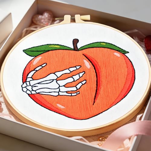 Image of Hand Bone Embroidery Kits for Beginners Adults, Peach Embroidery Starters Kits, Halloween Stamped Cross Stitch Kits DIY Needlepoint Kits for Beginners Adult, Embroidery Hoop, Thread and Video Tutorial