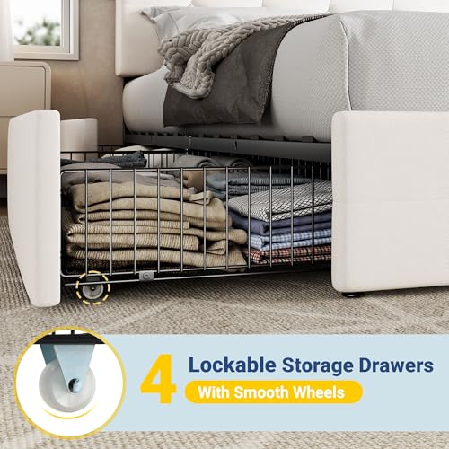 Image of Allewie Upholstered Full Size Platform Bed Frame with 4 Storage Drawers and Adjustable Headboard, Square Button Tufted, Wooden Slats Support, Noise-Free, No Box Spring Needed, Easy Assembly, White