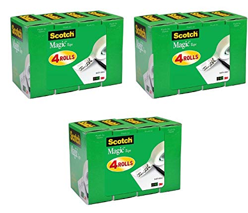 Scotch Magic Tape, Numerous Applications, Invisible, Cuts Cleanly, Engineered for Office and Home Use, 3/4 x 1000 Inches, Boxed (810K4) Pack of 3 (12-Rolls)