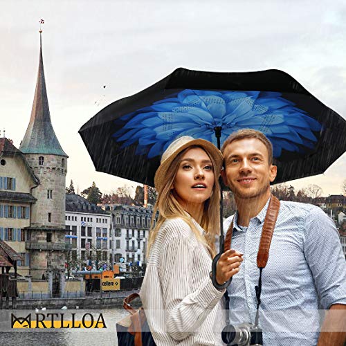Image of MRTLLOA 40 /49 /56 Inch Oversize Windproof Inverted Reverse Upside Down Umbrella, Golf Size Rain Umbrella, Double Layer, C-Shaped Handle for Men, Women and Kids (Blue Daisy, 49 Inch)