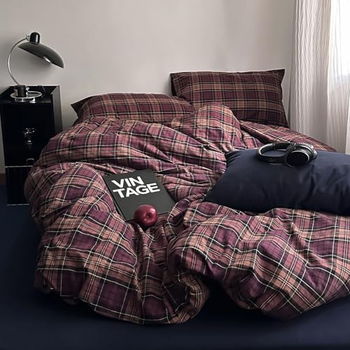 Image of mixinni Vintage Burgundy Buffalo Plaid Comforter Cover Set Twin Size - 3 Piece Mid-Century Modern Washed Cotton Bedding, Soft Breathable Grid Duvet Cover with Matching Pillowcases for All-Season