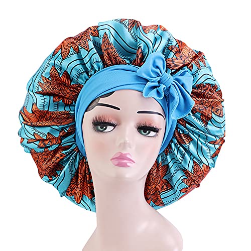 Extra Large African Painting Ankara Bonnet Cap,Wide Band Colorful Satin Bonnet for Women Sleeping Cap Shower Cap (Blue Orange Flowers)