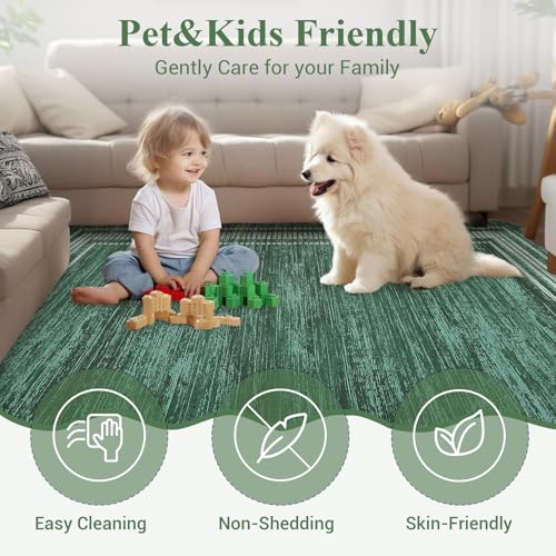 GarveeHome Washable Scalloped Rug 9x12 Area Rugs,Modern Neutral Living Room Rugs,Large Washable Solid Farmhouse Carpet Abstract Bordered Carpet for Bedroom Apartment Table Dorm Nursery,Green