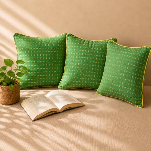 Image of RANGBHAR Handloom 100% Cotton Cushion Cover Set of 3 | Cushion with All-Around Piping for Premium Finish | 16x16 Inches Hand Woven Striped Cushion Covers - Green