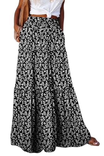 Image of Happy Sailed Womens Floral Print Boho Maxi Skirt Elastic High Waist Pleated Ruffle Flowy Long Skirts S-XL