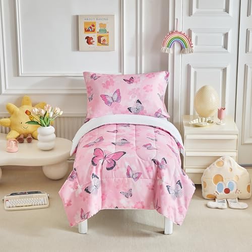 Image of Butterfly Toddler Bedding Set for Girls Pink Colorful Butterfly 4PC Toddler Bed Set - Soft Pink Flowers Cute Princess Toddler Bed in a Bag with White Sheet Set and Pillow Shams