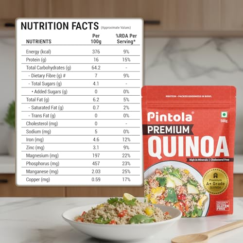 Image of Pintola Premium Quinoa 500g, Cereal for Breakfast, High in Protein & Dietry Fibre, Minerals, Cholesterol-Free, Gluten-Free Quinoa Seeds Diet Food for Weight Management (500g) (Pack of 2)