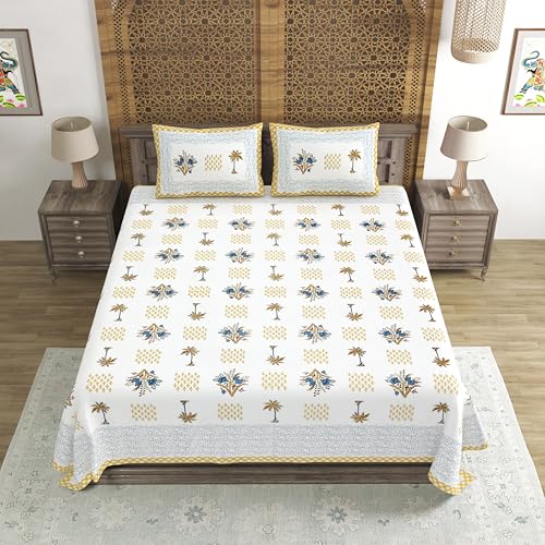 Image of BLOCKS OF INDIA Hand Block Printed 300 TC Cotton Super King Size Bedsheet(106 x 106) (Tree Mustard)