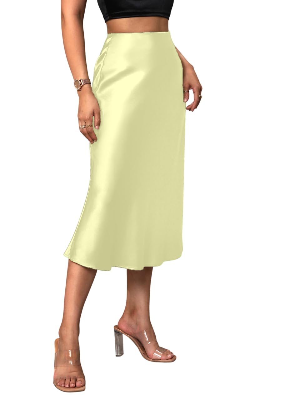 kateclo Women’s Satin Midi Skirt High Waist Elegant A-Line Slip Skirt | Soft Silky Casual-picture-53