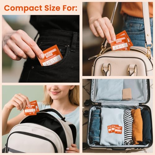 Image of Stain Remover Wet Wipes Bulk, Individual Wrapped Clothes Portable Travel Messy Eater Cleaning Laundry Stain Removal Wipes Pocket Size for Clothing Fabric /Shoes /Wine /Fast Food 7.1 x 4.7 Inch(Orange 50)