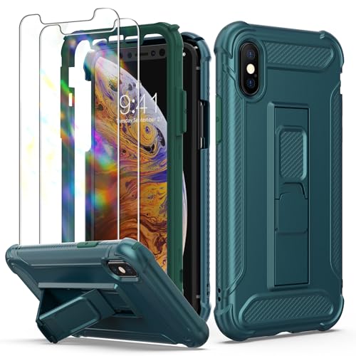 ORETECH [5-in-1 Funda para iPhone XS MAX, con [Soporte de Dos vías, 2 Piezas Protector de Pantalla, Carcasa Frontal y Trasera] 360 Grados Antigolpes Silicona y PC para Funda iPhone XS MAX 6,5' Verde