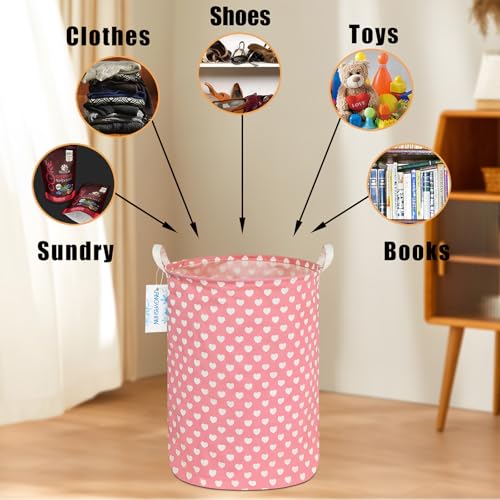 Image of Round Laundry Basket Collapsible Storage Hamper Organizer Pink Heart | Waterproof Canvas Foldable Baskets with sturdy Handles Multi-scene Organizer for Home Play Bedroom Gift Bin