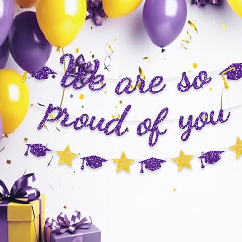 Image of We Are So Proud Of You Banner Graduation Party Decorations Glitter Congratulations Class Grad Ideas Purple Gold