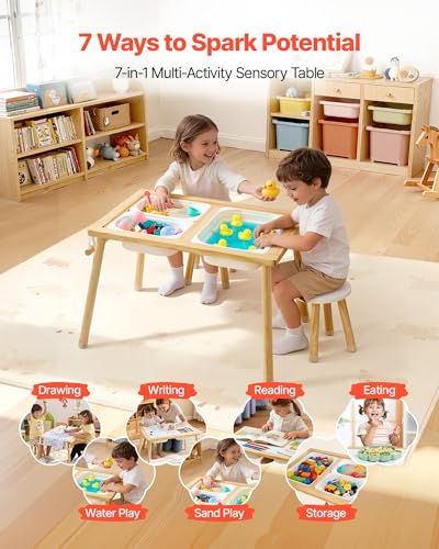 Image of VEVOR Sensory Table for Toddlers, Wooden Kids Activity Table with 2 Stools, Double-Sided Board, Storage Bins, and Non-Slip Feet, for Boys and Girls Playing Sand and Water, Drawing, Studying, Dining