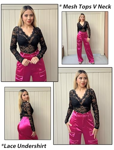Avidlove Mesh Tops for Women Sheer Long Sleeve Tops V Neck Lace Blouses Under Shirts Floral Lace Tee Shirt S-XXL3