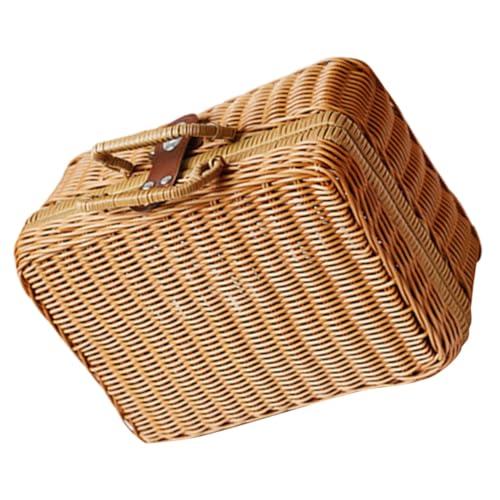 OATIPHO Maleta Retro de Imitación de Ratán 35x24x12 Cm Asa, Caja de Almacenamiento Tejida Vintage Color Caqui para Organización del Hogar y Decoración, Estuche de Almacenamiento Forro