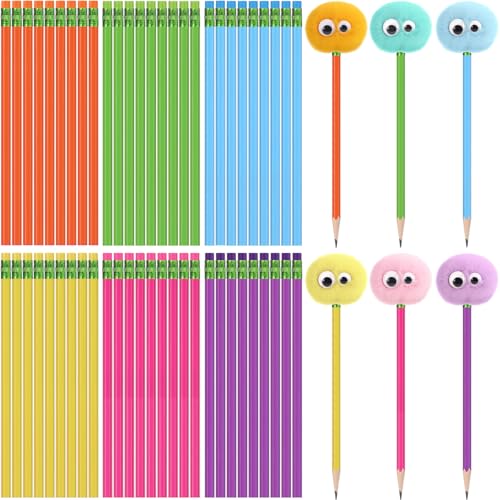 Set de 60 lápices HB con borrador y bola de peluche de colores